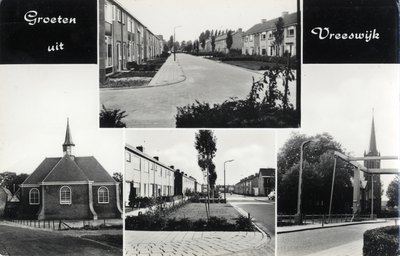 15008 Collage van gezichten te Vreeswijk:- Straat met nieuwbouwhuizen.- Brug.- Straat met nieuwbouwhuizen.- ...